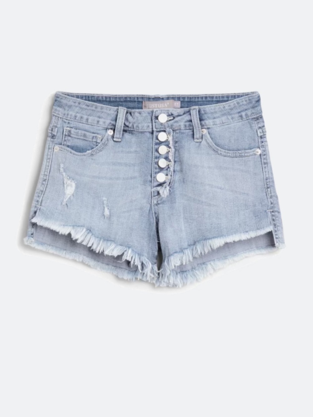 Just USA Light Blue Distressed Denim Shorts with Button Front